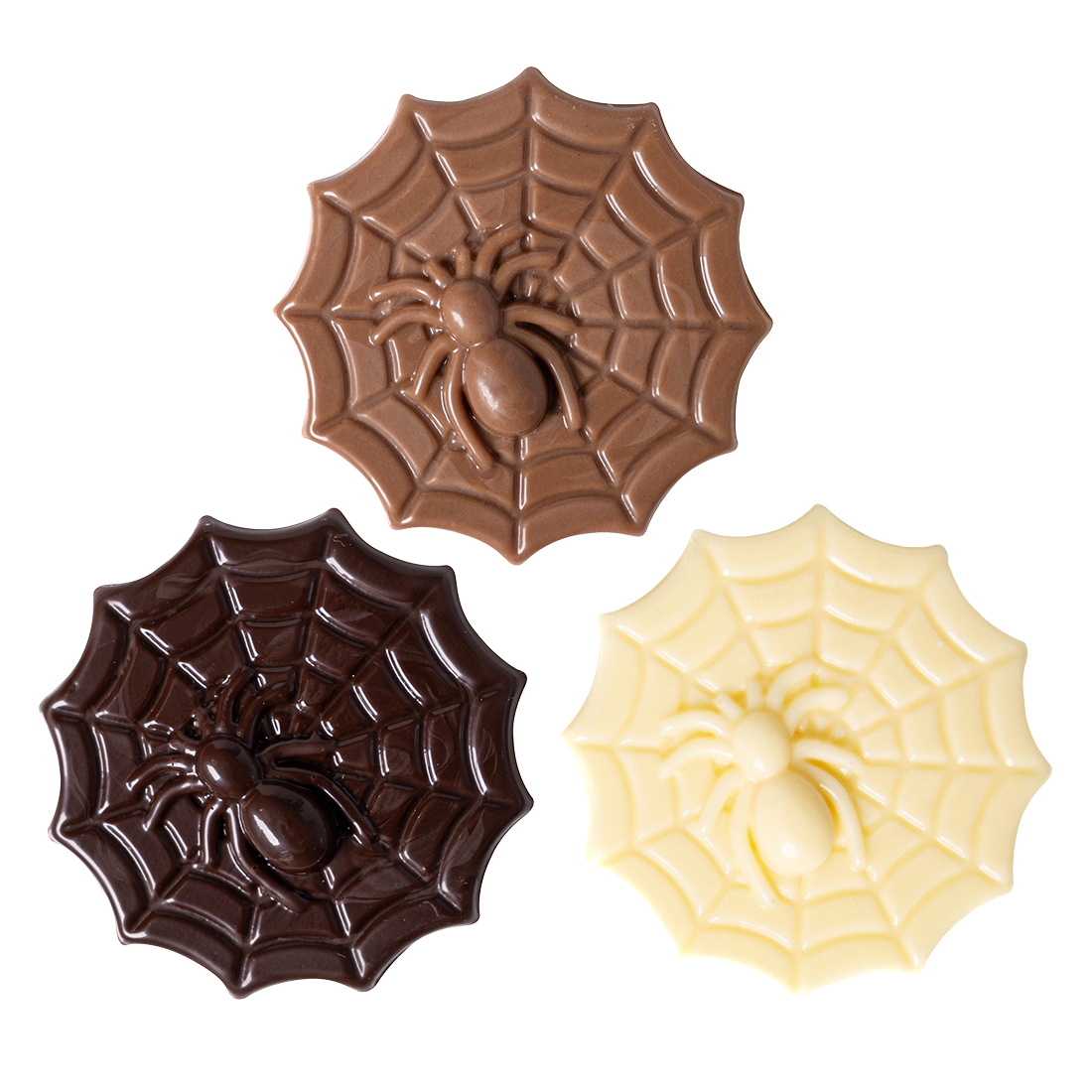 Teleraña y araña de chocolate negro, con leche y blanco ø50 mm (72 u.)