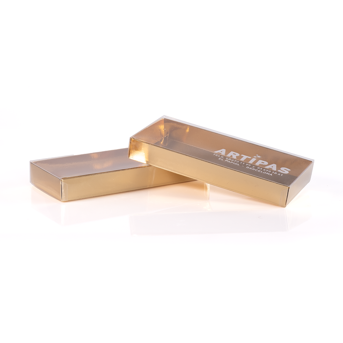 Caja de turrón base oro 210x90 h30 mm y Tapa laminada de acetato (1 u.)