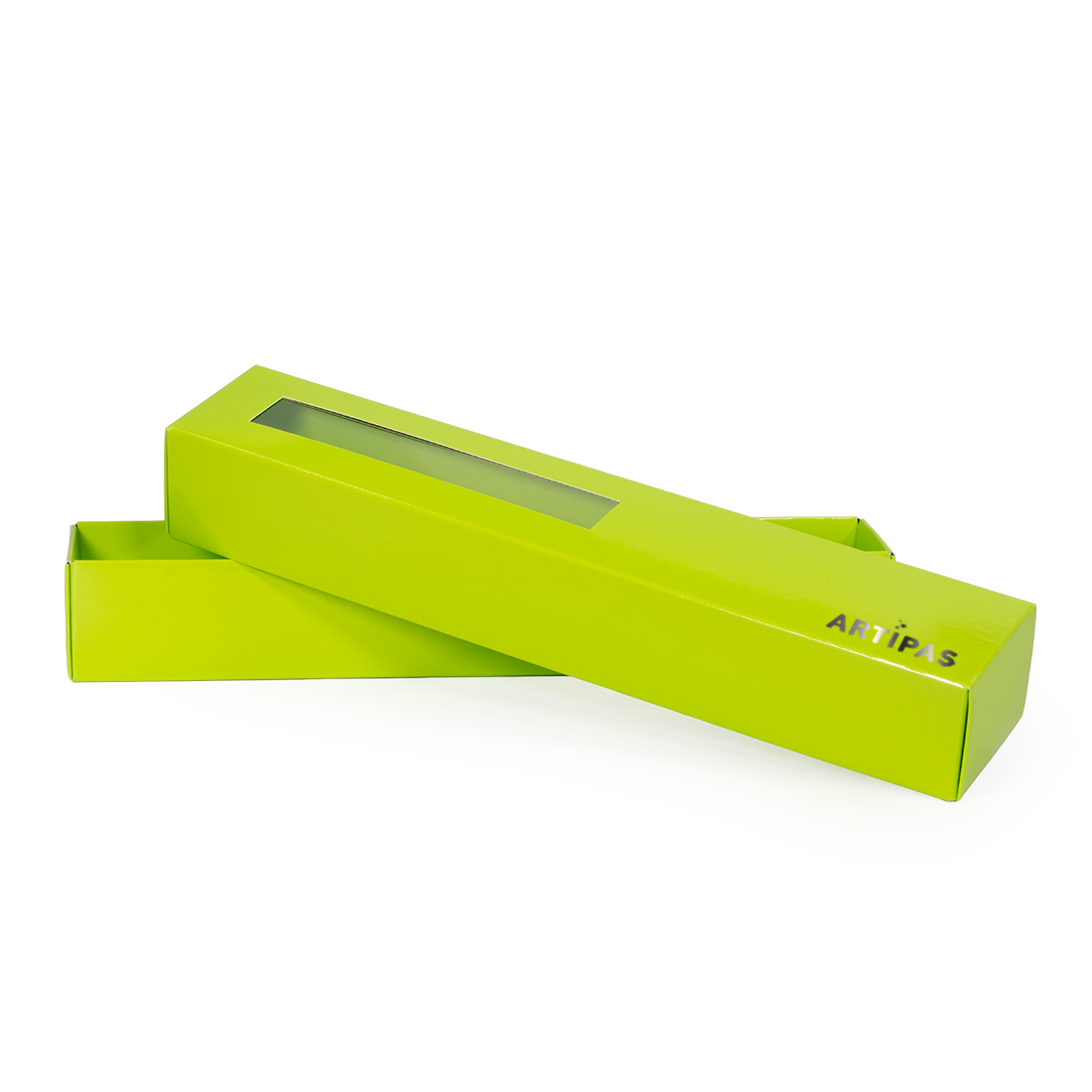 Caja pistacho de cartón + tapa de acetato con ventana -Laminada- 260x45 h40 mm (50 u.)