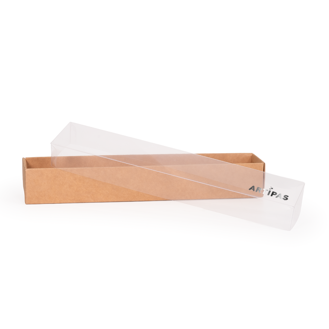 Caja kraft de cartón + tapa de acetato -Laminada- 260x45 h40 mm (50 u.)